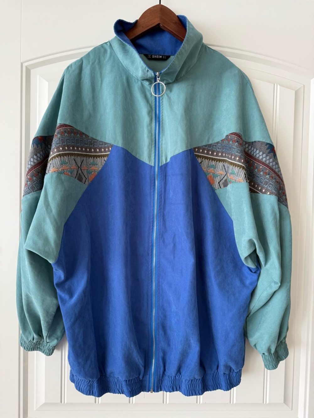 SHEIN Teal & Royal Blue Colorblock Aztec Zip jacket.  Size medium.